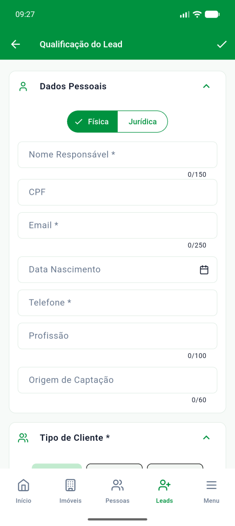 Tela Qualificação do Lead com a seção Dados Pessoais: tipo de pessoa, nome, CPF, e-mail, data de nascimento, telefone, profissão e origem de captação