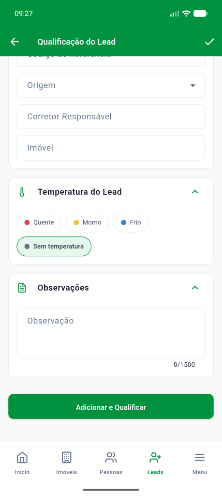 Seções Temperatura do Lead, com as opções Quente, Morno, Frio e Sem temperatura, e Observações, com o botão Adicionar e Qualificar