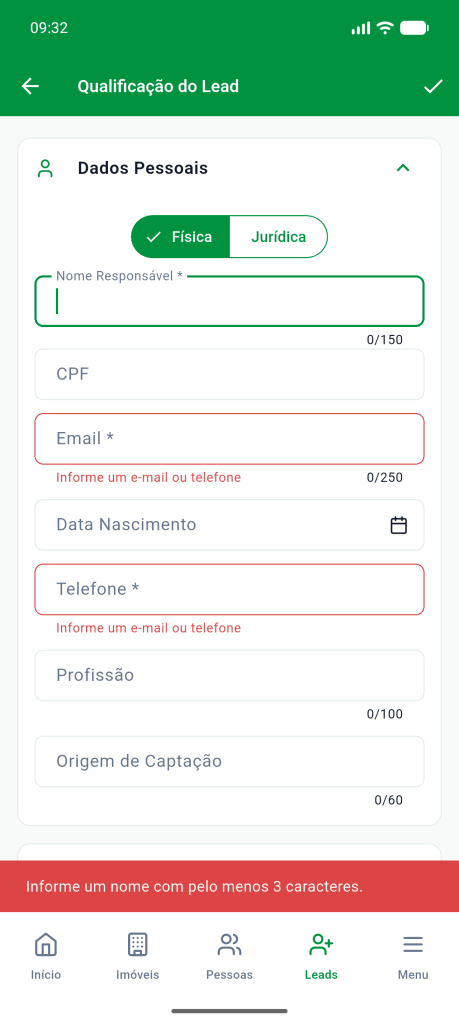 Tela Qualificação do Lead com os campos Email e Telefone em vermelho e o aviso Informe um nome com pelo menos 3 caracteres