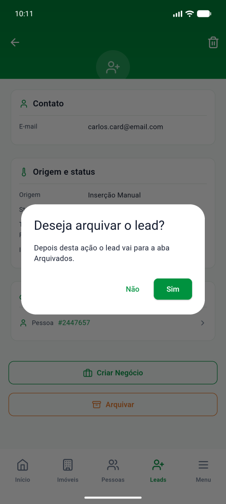 Diálogo Deseja arquivar o lead? com os botões Não e Sim