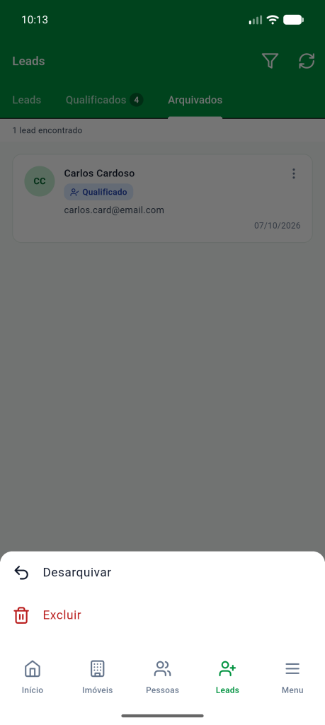 Menu do lead arquivado com as opções Desarquivar e Excluir