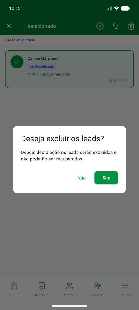 Diálogo Deseja excluir os leads? avisando que os leads não poderão ser recuperados