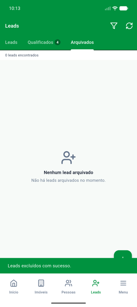 Aba Arquivados vazia e a mensagem Leads excluídos com sucesso