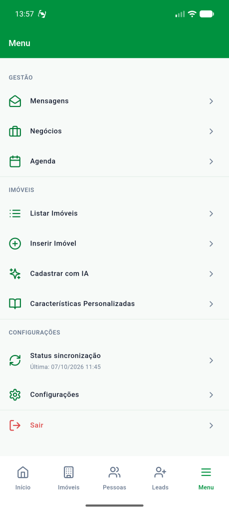 Menu do app com a seção Gestão e o item Negócios