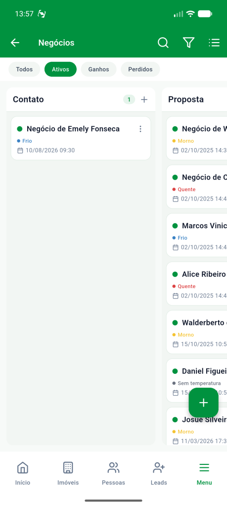 Quadro Kanban de negócios ativos com as colunas Contato e Proposta e a quantidade de negócios de cada etapa