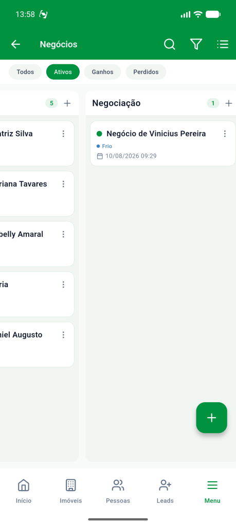 Quadro Kanban rolado para a direita, mostrando a coluna Negociação