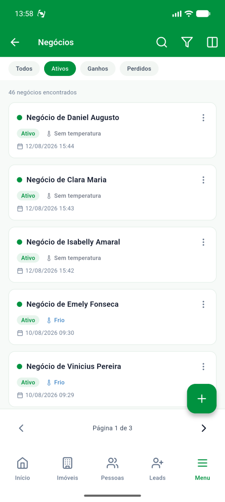 Lista de negócios ativos com título, status, temperatura e data, e a paginação na parte inferior