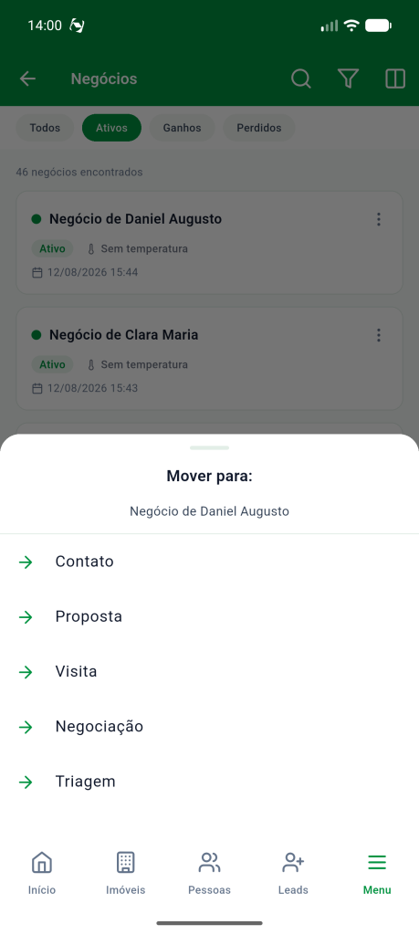Lista Mover para com as etapas Contato, Proposta, Visita, Negociação e Triagem