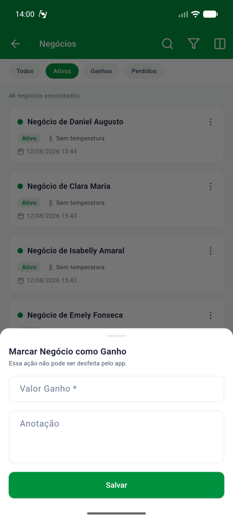 Folha Marcar Negócio como Ganho com os campos Valor Ganho e Anotação