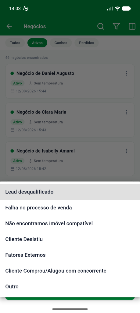 Lista de motivos da perda, de Lead desqualificado até Outro