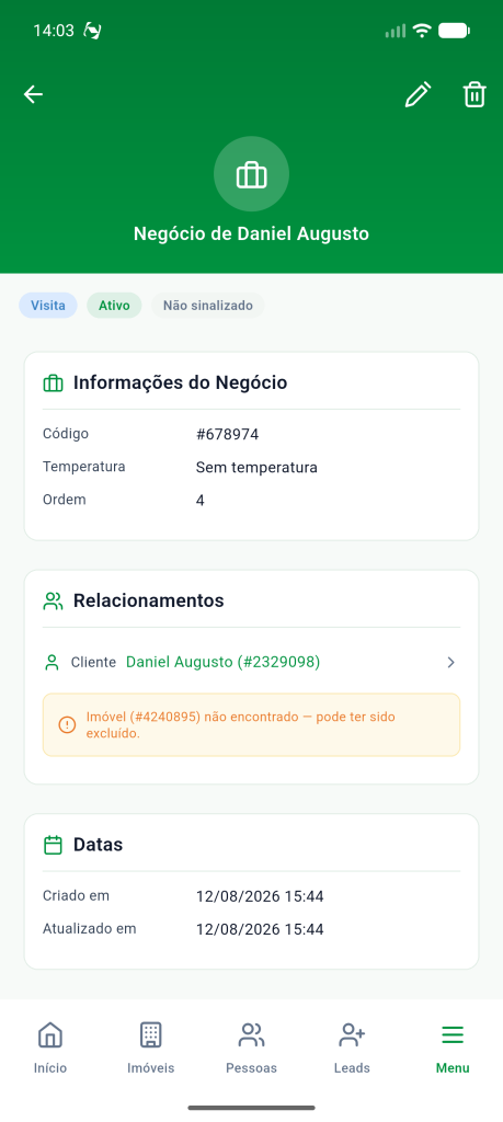 Ficha do negócio com os indicadores de etapa, status e sinalização e os blocos Informações do Negócio, Relacionamentos e Datas