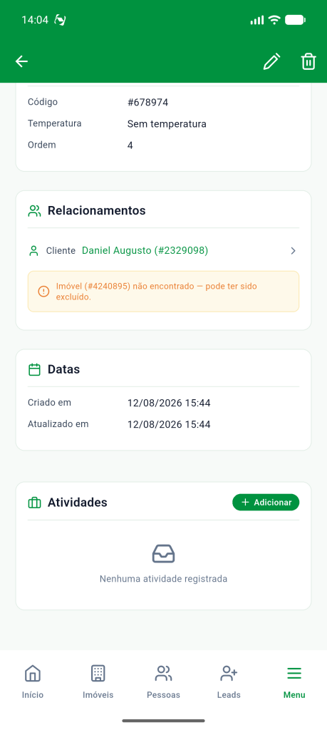 Bloco Atividades da ficha com o botão Adicionar e a mensagem Nenhuma atividade registrada