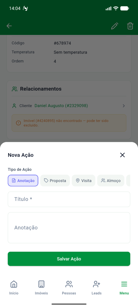 Folha Nova Ação com os tipos Anotação, Proposta, Visita e Almoço e os campos Título e Anotação