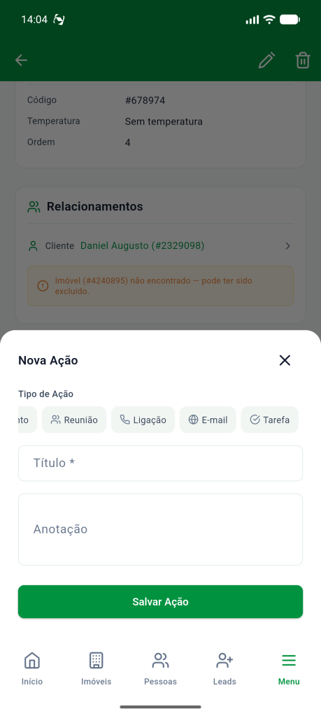 Tipos de ação Reunião, Ligação, E-mail e Tarefa na folha Nova Ação