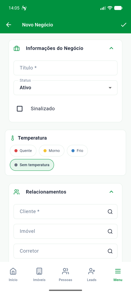 Formulário Novo Negócio com as seções Informações do Negócio e Temperatura
