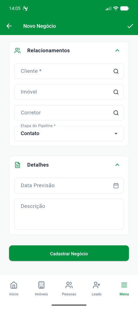 Seções Relacionamentos e Detalhes do formulário, com o botão Cadastrar Negócio