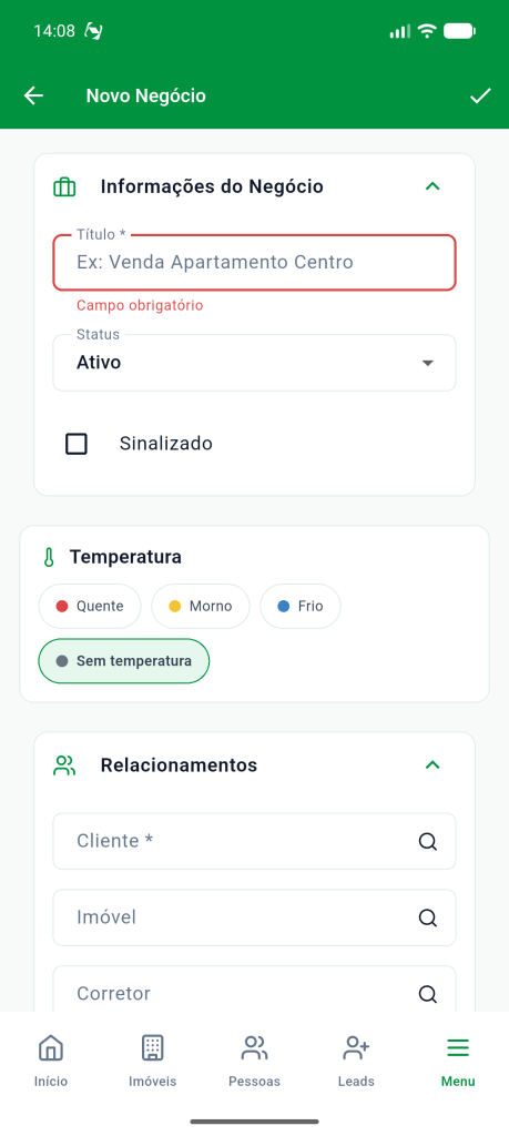 Campo Título em vermelho com a mensagem Campo obrigatório e o aviso Informe o título do negócio
