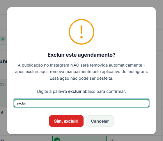 Janela Excluir este agendamento? com o campo de confirmação preenchido com a palavra excluir