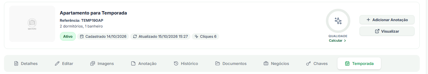 Ficha do imóvel com a aba Temporada, depois da aba Chaves, na barra de abas