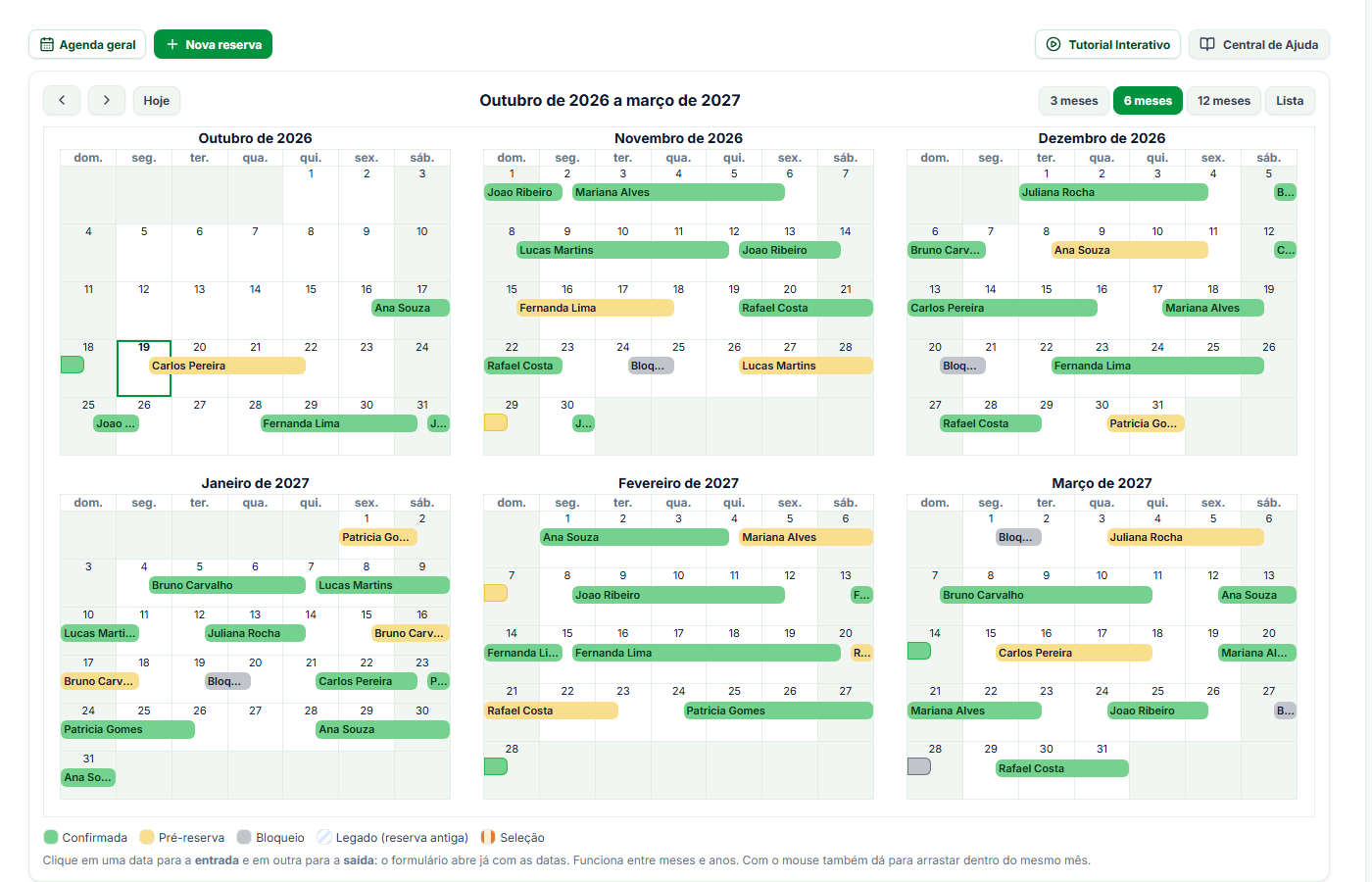 Tela de reservas do imóvel com a barra de ações e o calendário de seis meses, com as reservas em barras coloridas