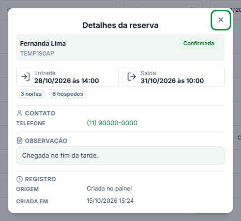 Janela Detalhes da reserva, com nome, status, entrada e saída, noites, hóspedes, telefone, observação e dados de registro