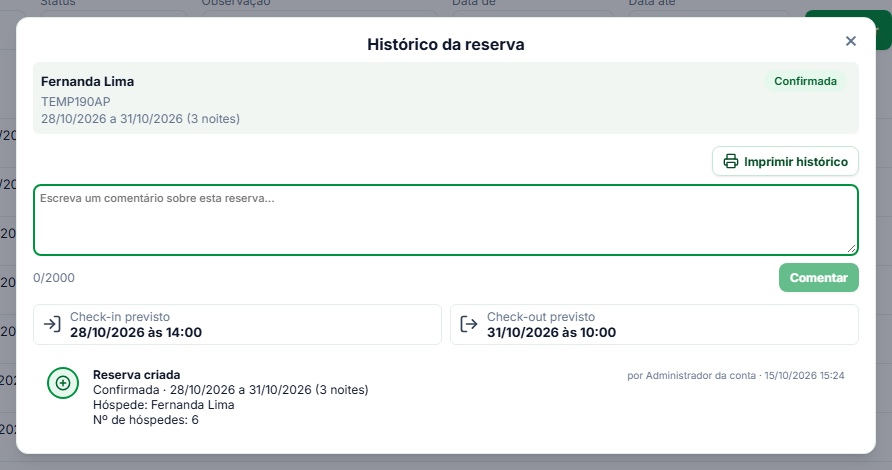 Janela Histórico da reserva, com o campo de comentário, o botão Imprimir histórico e a linha do tempo de eventos