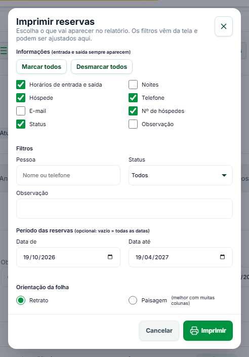 Janela Imprimir reservas, com a escolha das informações, os filtros, o período e a orientação da folha