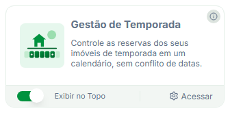 Card Gestão de Temporada na tela de módulos, com o botão Exibir no Topo ligado e o botão Acessar