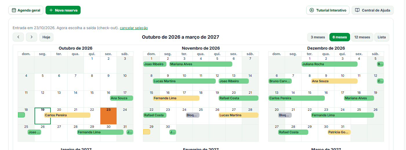 Calendário com o dia 23 de outubro em laranja e o aviso de entrada escolhida, com o link cancelar seleção
